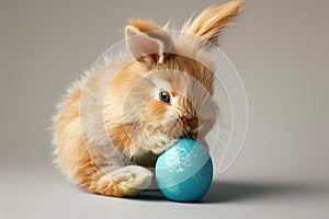 A super realistic image of an Easter bunny rabbit, with exquisitely detailed fur, gently cradling a matte blue painted egg