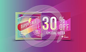 Super sale 30 discount bright rectangular poster format and flyer. Template for design advertising and banner on colour background