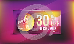 Super sale 30 discount bright rectangular poster format and flyer. Template for design advertising and banner on colour background