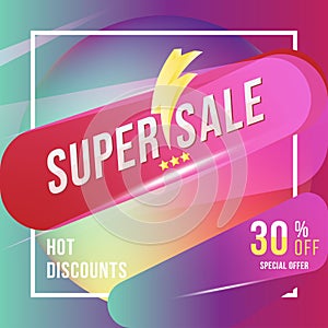 Super sale 30 discount square poster format and flyer. Template for design advertising and banner on colour background. Flat vecto