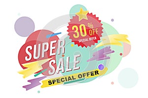 Super sale 30 percent discount poster and flyer. Template for design poster, flyer and banner on colour background. Flat il