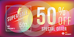 Super sale 50 discount bright rectangular poster format and flyer. Template for design advertising and banner on colour background