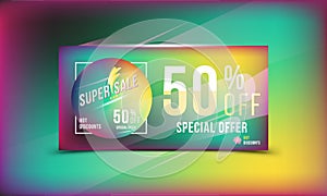 Super sale 50 discount bright rectangular poster format and flyer. Template for design advertising and banner on colour background