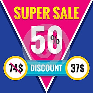 Super sale - 50% discount - vector banner template. Creative concept layout illustration