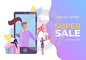 Super sale announcement vector illustration. Retail store promoting special marketing move. Gifts and discounts attract