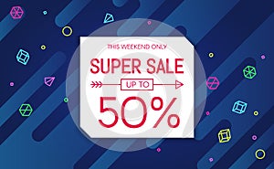 Super sale banner background with paper card and abstract colorful flat geometic shapes. Web banner or poster for e