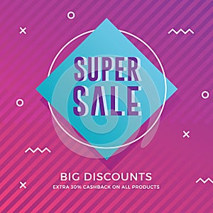 Super sale banner with modern memphis background