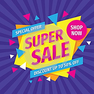Super sale concept banner design. Advertising promotion poster. Special discount up to 50% off. Vector illustration.