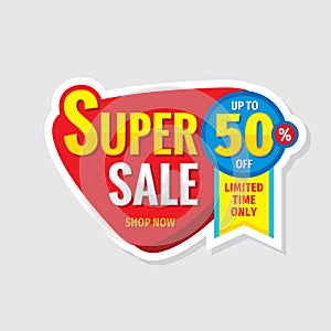 Super sale concept banner. Promotion poster. Discount up to 50% off creative sticker emblem. Special offer label. Limited time onl