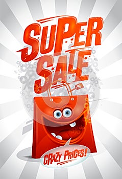 Super sale, crazy prices poster design with cartoon shopping bag