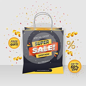 Super sale discount with shopping bag, black shop bag vector illustration