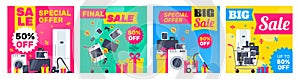 Super sale electronics household appliances and gadgets square banners design set for social media