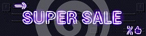 SUPER SALE glowing purple neon lamp sign on a black electric wall