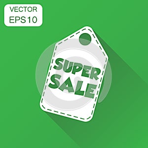 Super sale hang tag icon. Business concept sale shopping pictogram. Vector illustration on green background with long shadow.