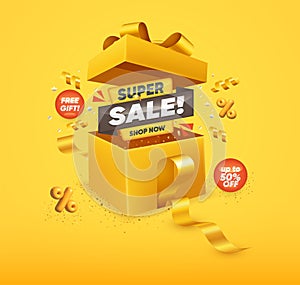 Super Sale Limited Offer. Promotion Tag with Realistic Open Gift Box