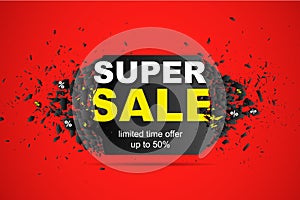 Super Sale Limited time offer up to 50 abstract Background. Promo banner design template with explosion effect. Vector