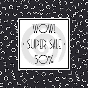 Super sale memphis banner template design for shop. Discount up to 50 percent off. Shop Now. Half price off. Vector sale