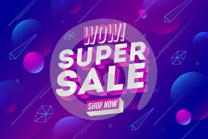 Super sale promotion design. Three-dimensional letters against a futuristic abstract background.