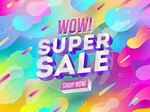 Super sale promotion design. Three-dimensional letters against a multicolored abstract background.