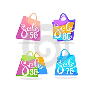 Super sale shopping bags, vector collection of bright discount t