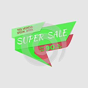 Super Sale special offer banner, up to 90% off. Vector illustration. Green label. Icon for special offer. Sale design. Sticker wit