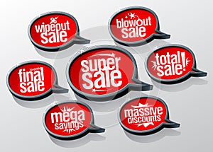 Super sale speech bubbles set, mega savings, massive discounts