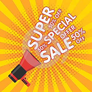 Super sale vector banner. Announcement megaphone