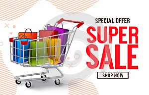 Super sale vector banner design. Special offer sale text with paper bags and push cart shopping elements