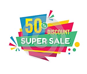 Super sale - vector creative banner illustration. Abstract concept discount 50% promotion layout on white background. Sticker.