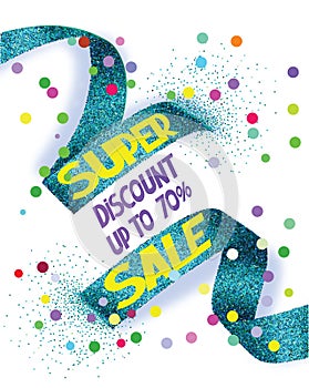 Super sale vector illustration with cut textured ribbon and confetti