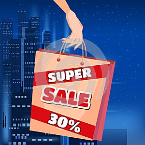 Super sale, woman s hand holding a bag, discounts. Shopping for a sale. Vector illustration, retro, vintage