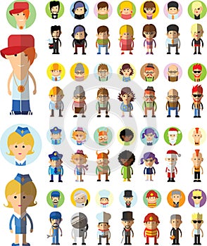 Super set of flat avatars icons. Positive male and female characters different ages, professions and nationalities