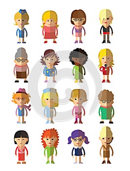 Super set of flat avatars icons. Positive male and female characters different ages, professions and nationalities