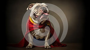 Super Sidekick Bulldog dog in a Superhero Cape. Generative AI