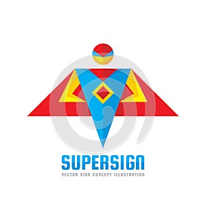 Super sign - vector logo template concept in flat style. People human character. Hero symbol. Super icon. Flying man.