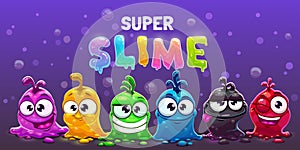 Super slime horizontal banner. Funny cute cartoon alien slimy characters.