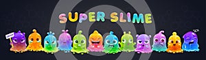 Super slime horizontal banner. Funny cute cartoon rainbow slimy characters.