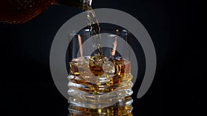 Super Slow Motion Shot of Pouring Whiskey into Glass at 100 fps with Camera Movement.