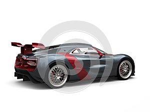 Super sports car - slate gray with metallic cherry red side panels and rear wing