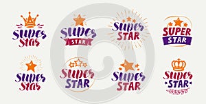 Super star, set of logos or labels. Popularity, fame symbol. Lettering vector photo