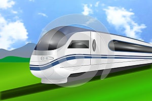 Super streamlined high-speed modern business train. Scenic summer view. Concept railway tourism transportation. Vector