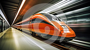 Super streamlined train with motion blur. Generative Ai