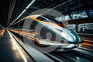 Super streamlined train with motion blur moves in tunnel