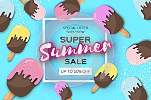 Super Summer Sale with ice-creams in paper cut style. Origami Melting ice cream on blue. Space for text. Square frame