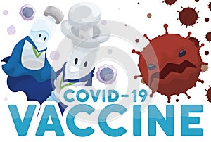 Super Vaccine Vial and Syringe ready to Fight against COVID-19 Coronavirus, Vector Illustration