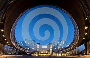 Super wide angle panorama of European Parliament building in Brussels (Bruxelles), Belgium, by night