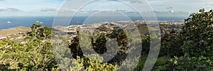 Super wide panorama. Aerial view from Bandama mountain peak. Warm sunny day, bright blue sky and beautiful white clouds. Canary