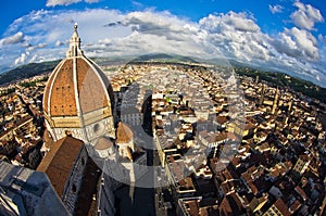 Super wide panoramic view of Florence with a dome of Santa Maria del Fiore cathedral in front