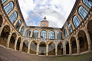 Super wide view of old library building, city of Bologna, Italy