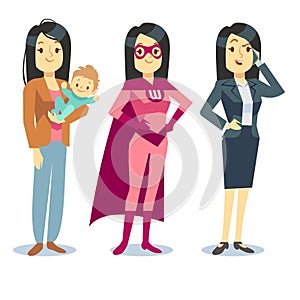 Super woman in superhero costume, mom with baby, businesswoman balancing vector concept